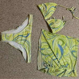 SHEIN Swirl Print Bikini Set - Green and Blue